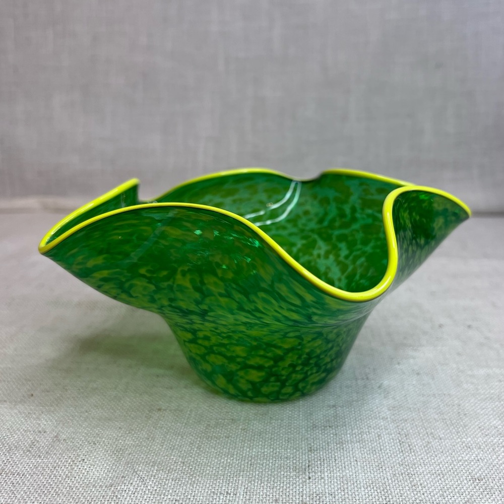 Signed Green Ruffle Art Glass Bowl with Yellow Lip